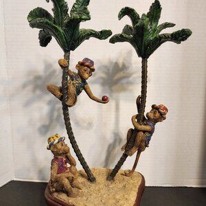 Monkeys on Palm Trees Two Taper Candle Holders Sculpture Metal and Resin 11x6x5